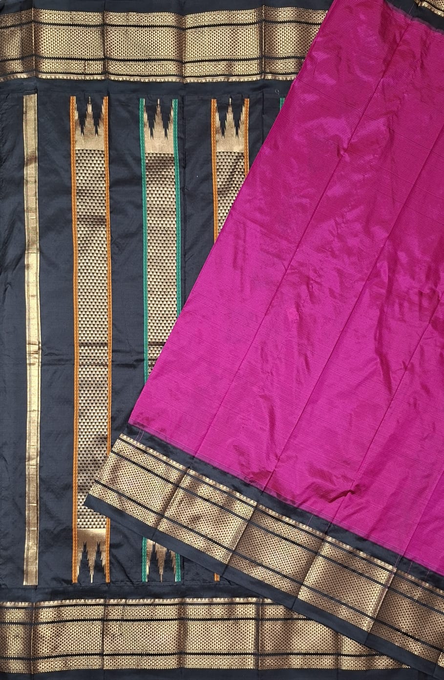 Rani pink & black Ilkal saree with with floral weavings