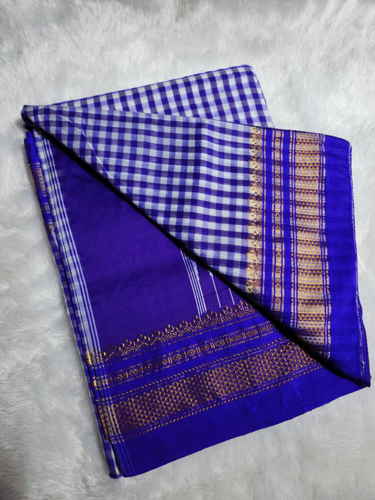 navy Blue & White Ilkal mini Checks Saree with Zari Border
