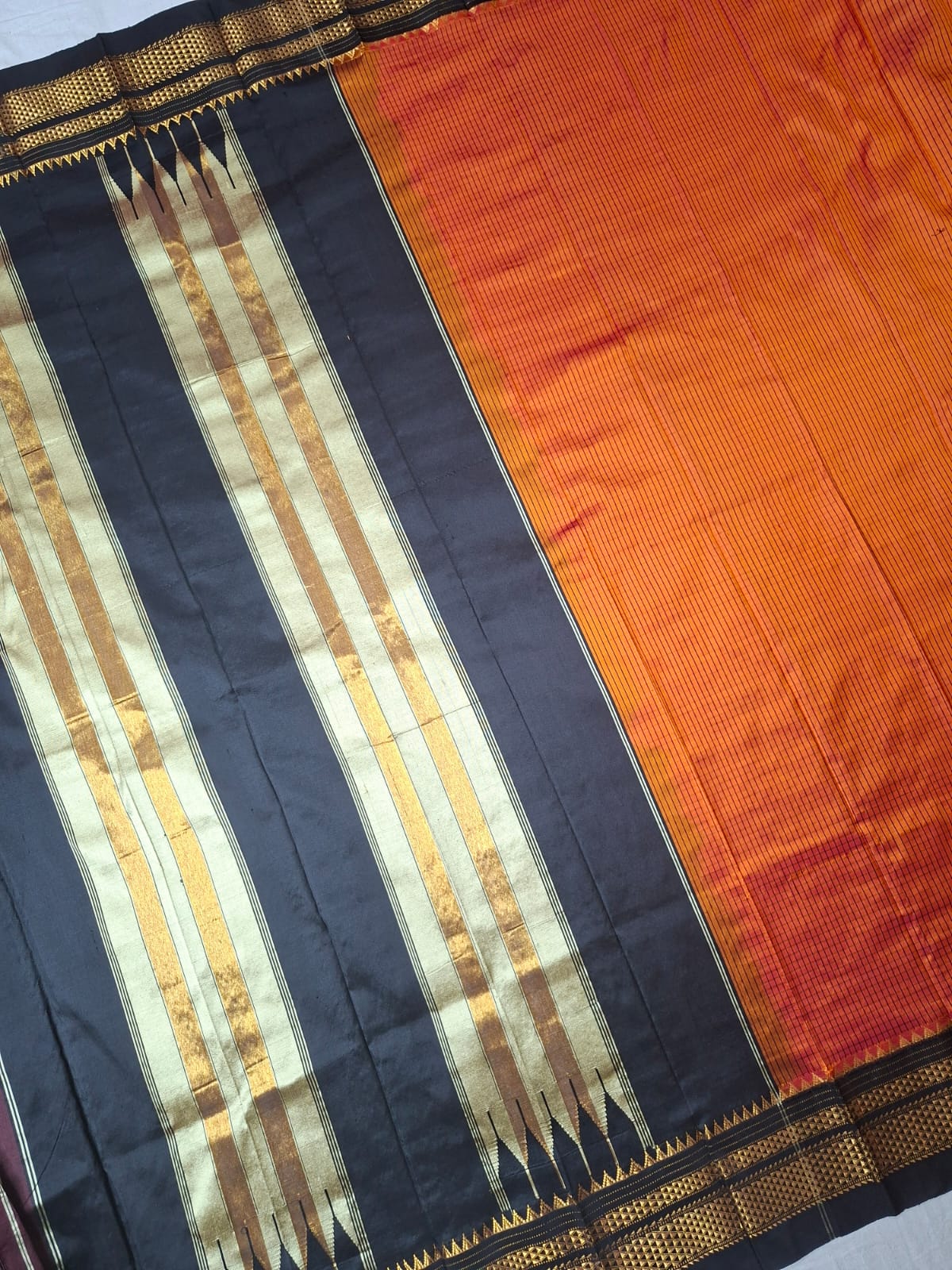 Orange -Black Ragavalli Checks- Ilkal Silk