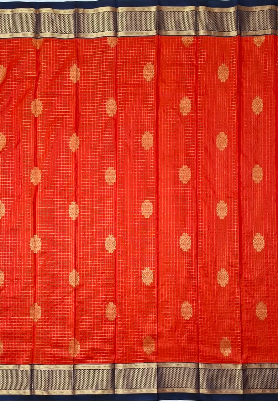 Orange -Navyblue Ilkal Gadwal Pure Silk Saree-Malbar edition with Butta