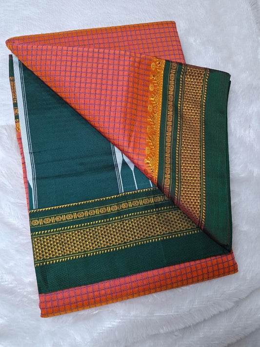 Coral Orange thread chaduranga Ilkal with Gadwal  Deep Bottle Green Border