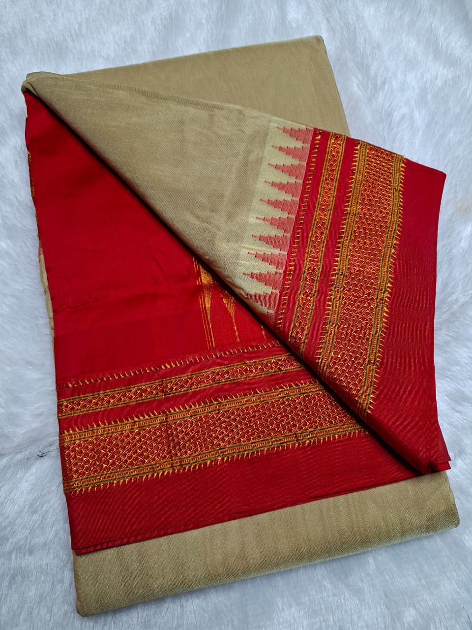 Sand Beige Mini Gadwal Ilkal Saree with Vermilion Red Chikki Paras Border