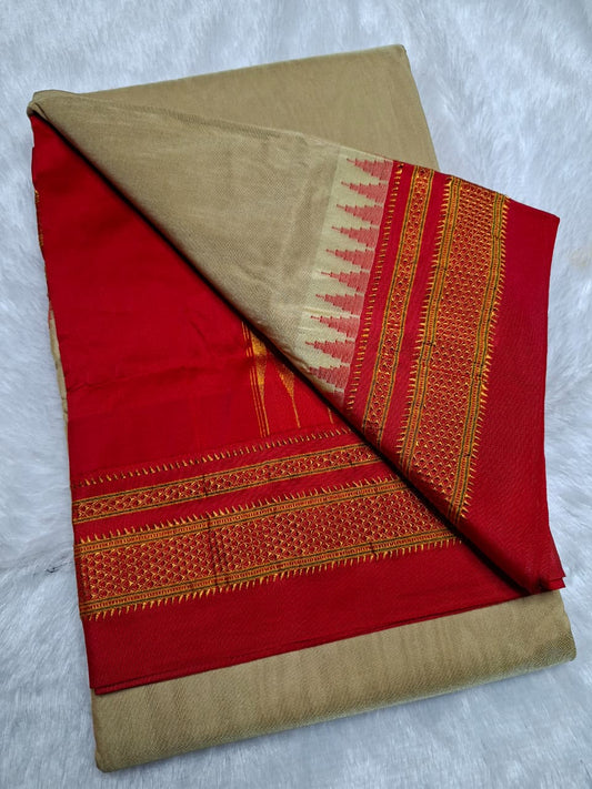 Sand Beige Mini Gadwal Ilkal Saree with Vermilion Red Chikki Paras Border