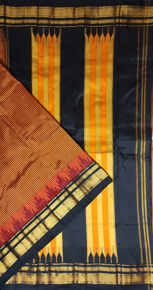 Rust Orange & Black Gadwal Ilkal Pure Silk Satrangi temple Checks