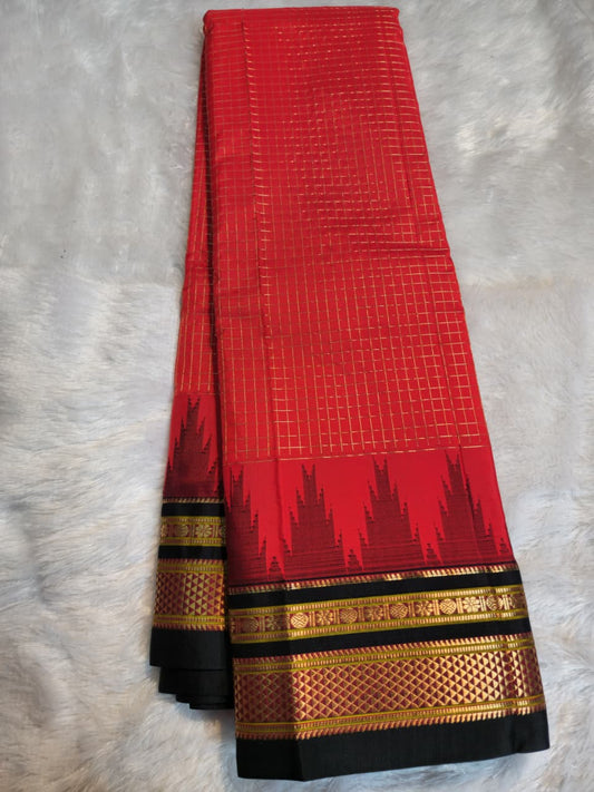 Vermillion Red Ilkal Gadwal Pure Silk Saree - Malabar Edition