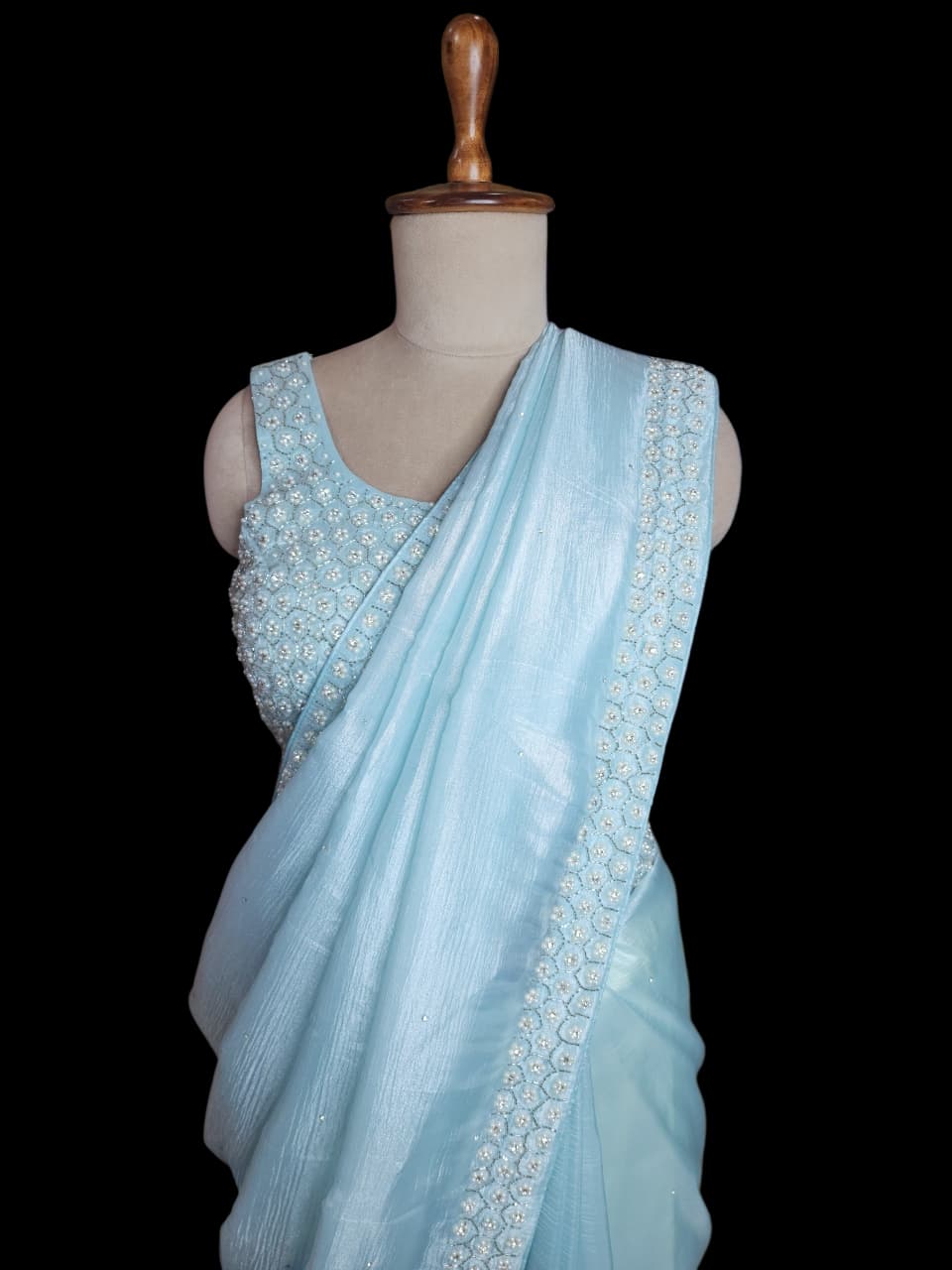 Sky Blue  Saree with Pearl Embroidered Blouse