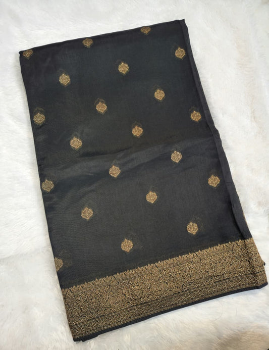 Jet Black Banarasi Silk Saree with Antique Zari Boota & Heritage Border