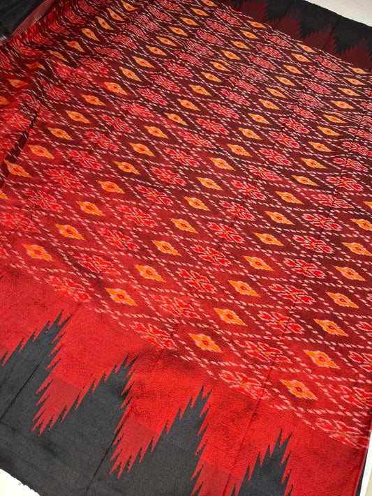 Crimson Red handloom pure silk fusion Ilkal- Ikkat with black Kanchi border