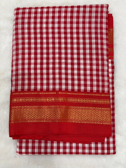 Premium Red & White Ilkal Mini Checks Saree with Gadwal border