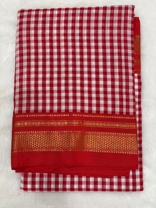 Premium Red & White Ilkal Mini Checks Saree with Gadwal border