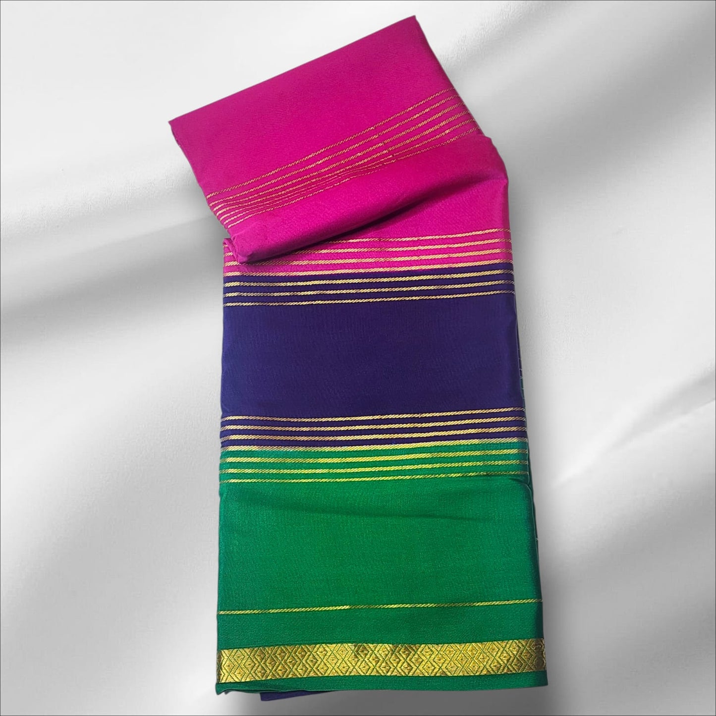 Pink, Purple & Green Mysore Silk Saree with Gold Zari Stripes