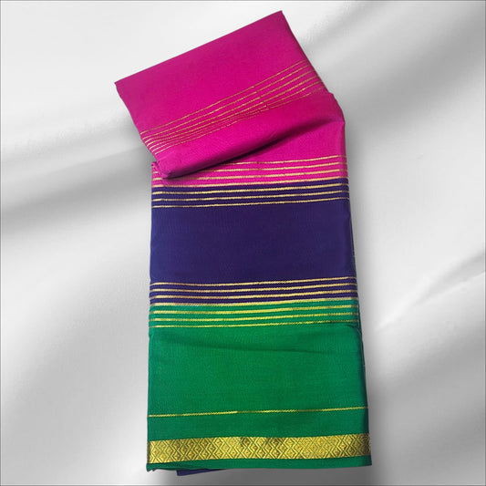 Pink, Purple & Green Mysore Silk Saree with Gold Zari Stripes