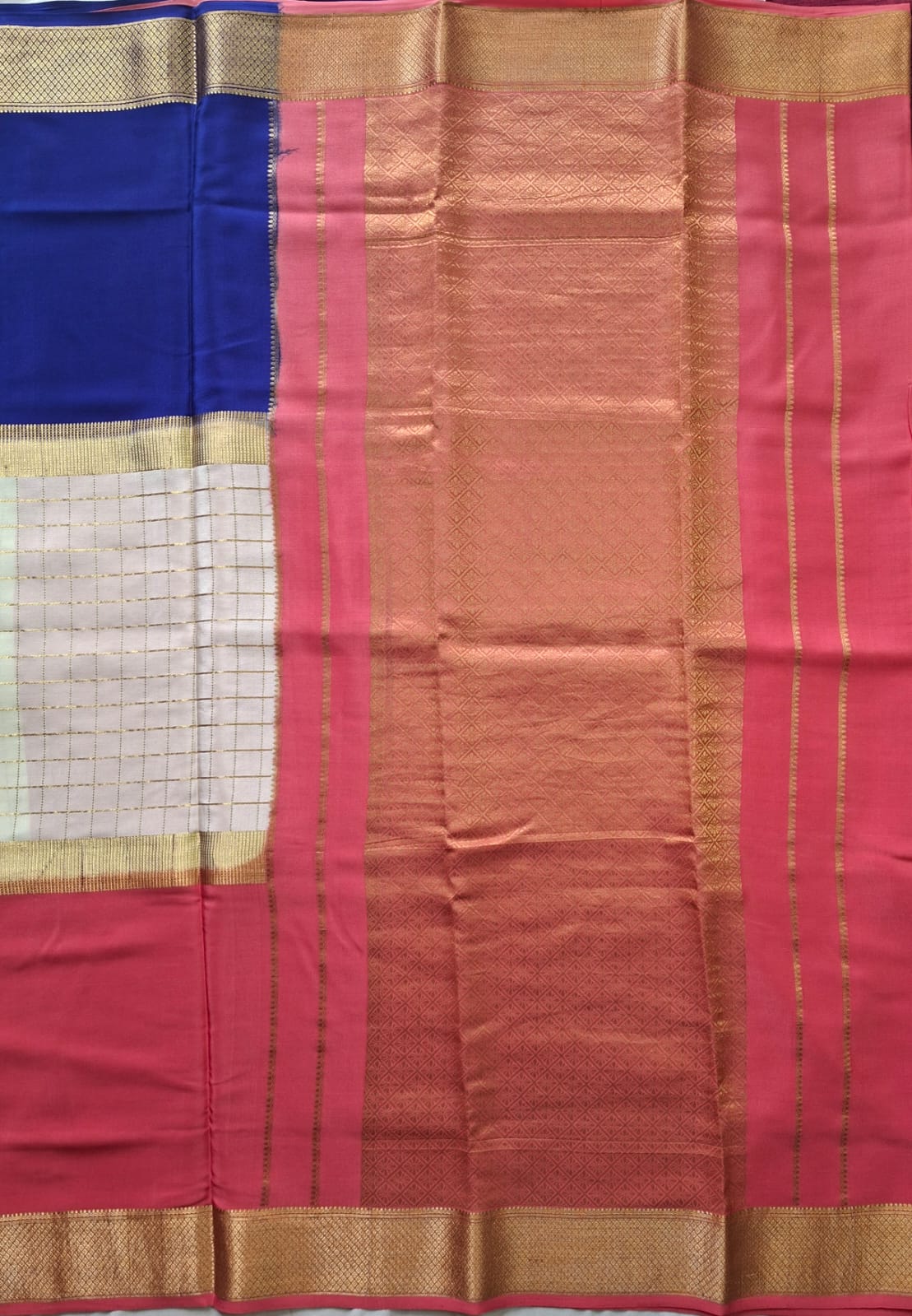 Royal Contrast Pure Mysore Silk Saree with Zari Checks & Heritage Border