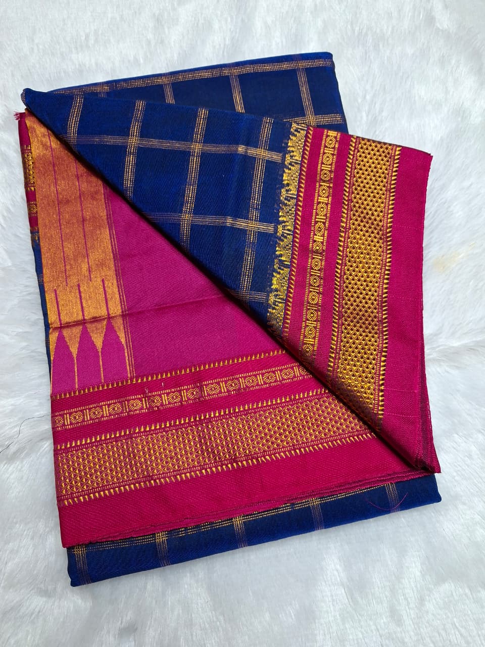 Royal Blue & Rani Pink  Big Jari Checks Ilkal Saree