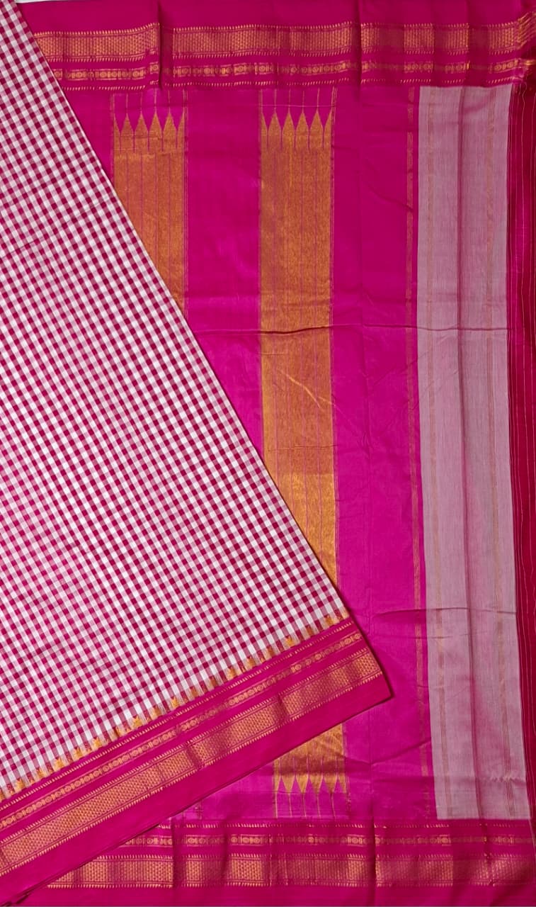 Pink & White Ilkal mini Checks Saree with Rich Pallu