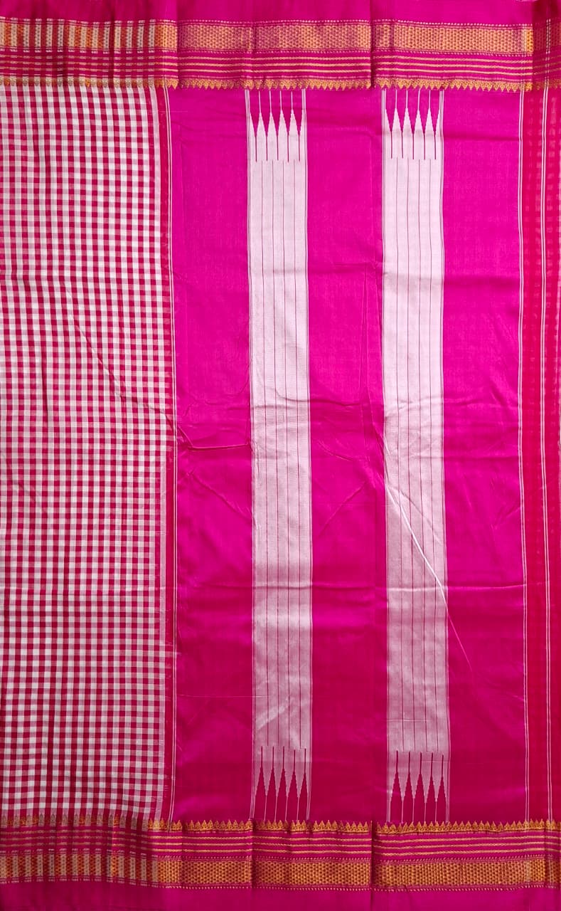 Pink & White Ilkal Mini Checks Saree