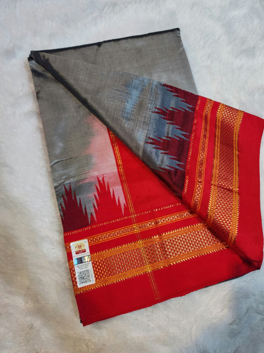 Charcoal Grey Plain Ilkal  Silk with Big Temple Border