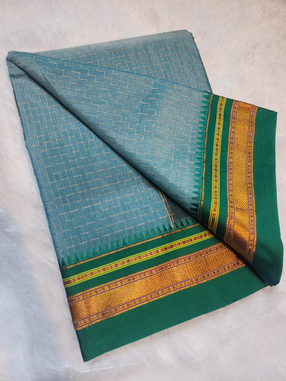 Blue-Green (teal) Ilkal Zig-Zag Cotton Saree with Contrast Zari Border & Pallu