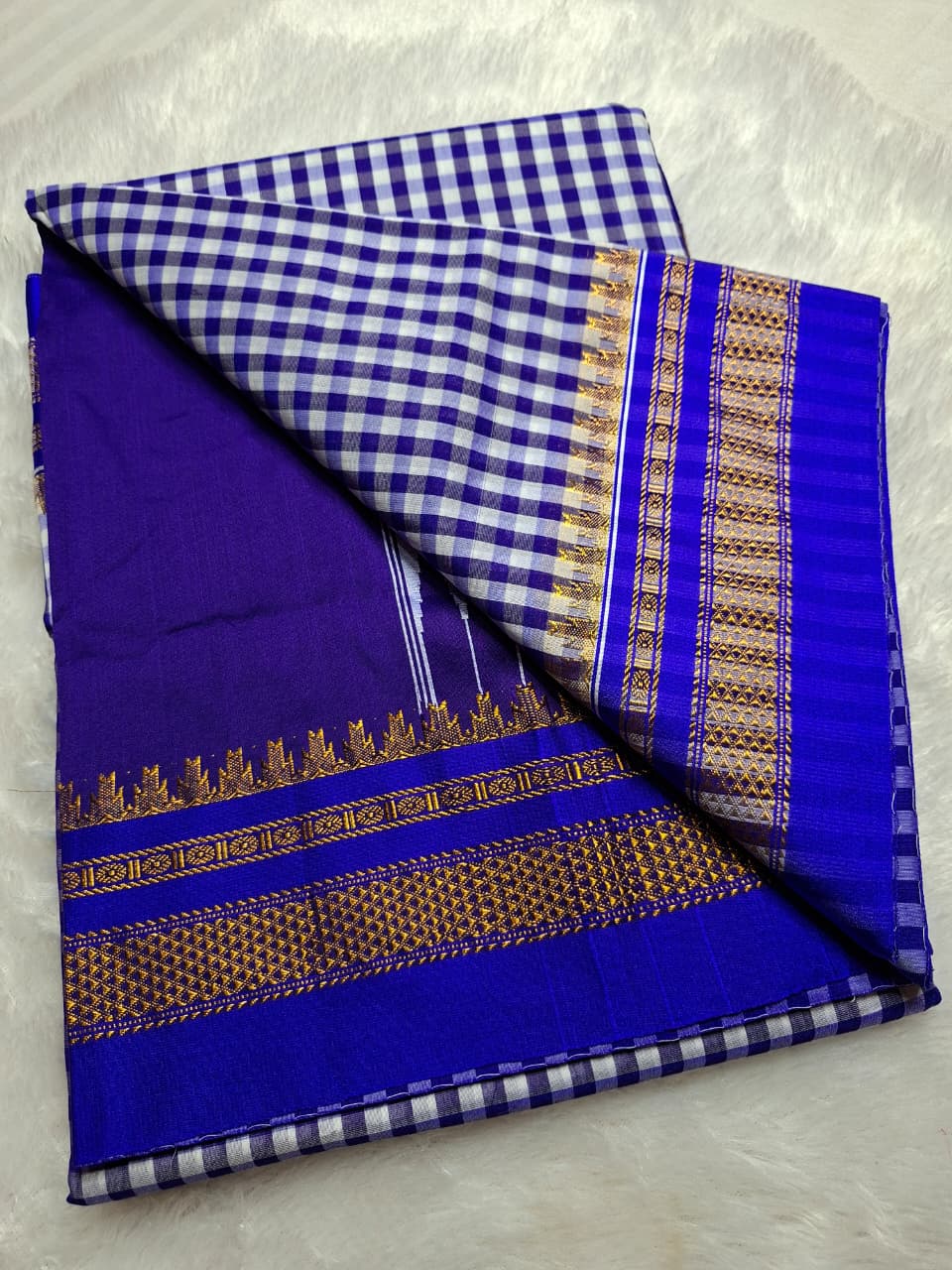 Royal Blue & White Ilkal Mini Checks Saree