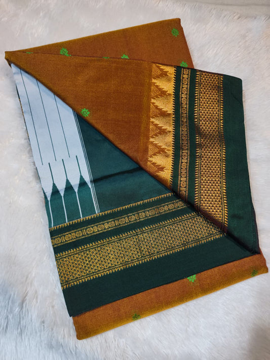 Earthy Brown Ilkal Tana Anjali Butta Cotton Saree with Temple Zari Border