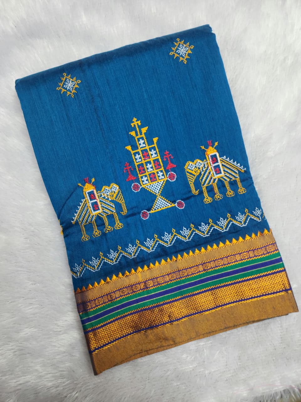 Deep Blue Ilkal Kasuti Saree with Temple Chariot & Elephant Motifs