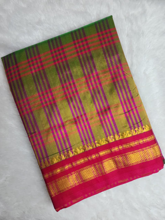 Olive Green & Magenta Big Checks Ilkal Silk Saree