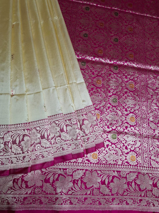 Beige Banarasi Silk Saree with Subtle Golden and Pink Motifs