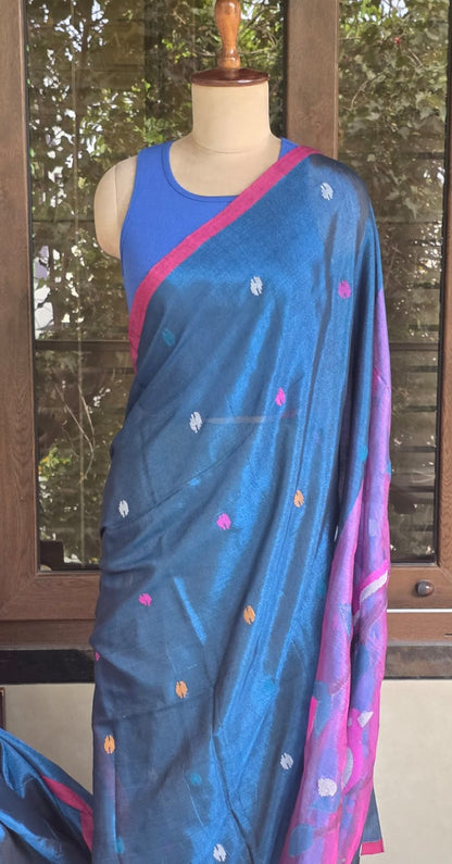 Blue Mul Tissue Saree With Purple Paithani Pallu