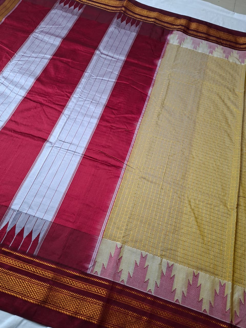 Mustard Gold Gadwal Chaduranga Ilkal Cotton Saree with Contrast Zari Border & Pallu