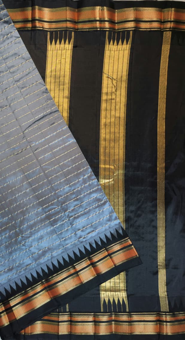Steel Grey Pure Ilkal Gadwal Silk Saree with Necklace Zari Lines
