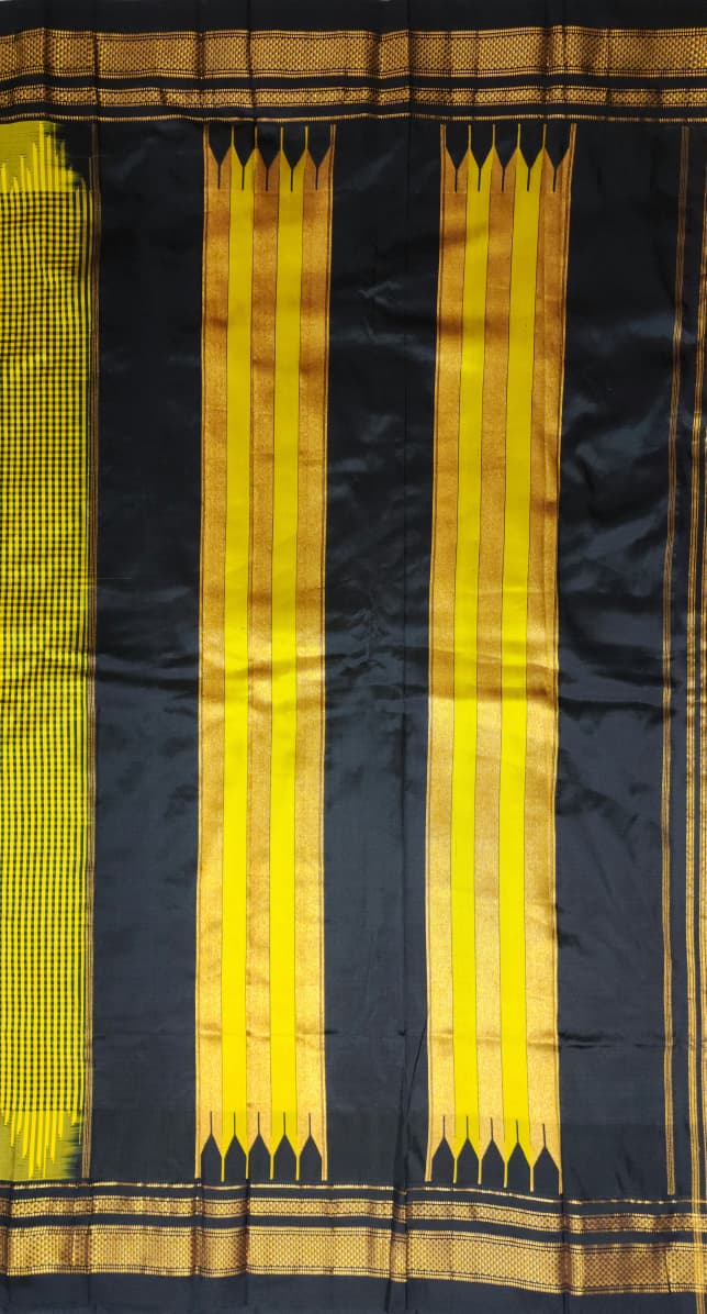 Mustard & Black Gadwal Ilkal Pure Silk Satrangi temple Checks