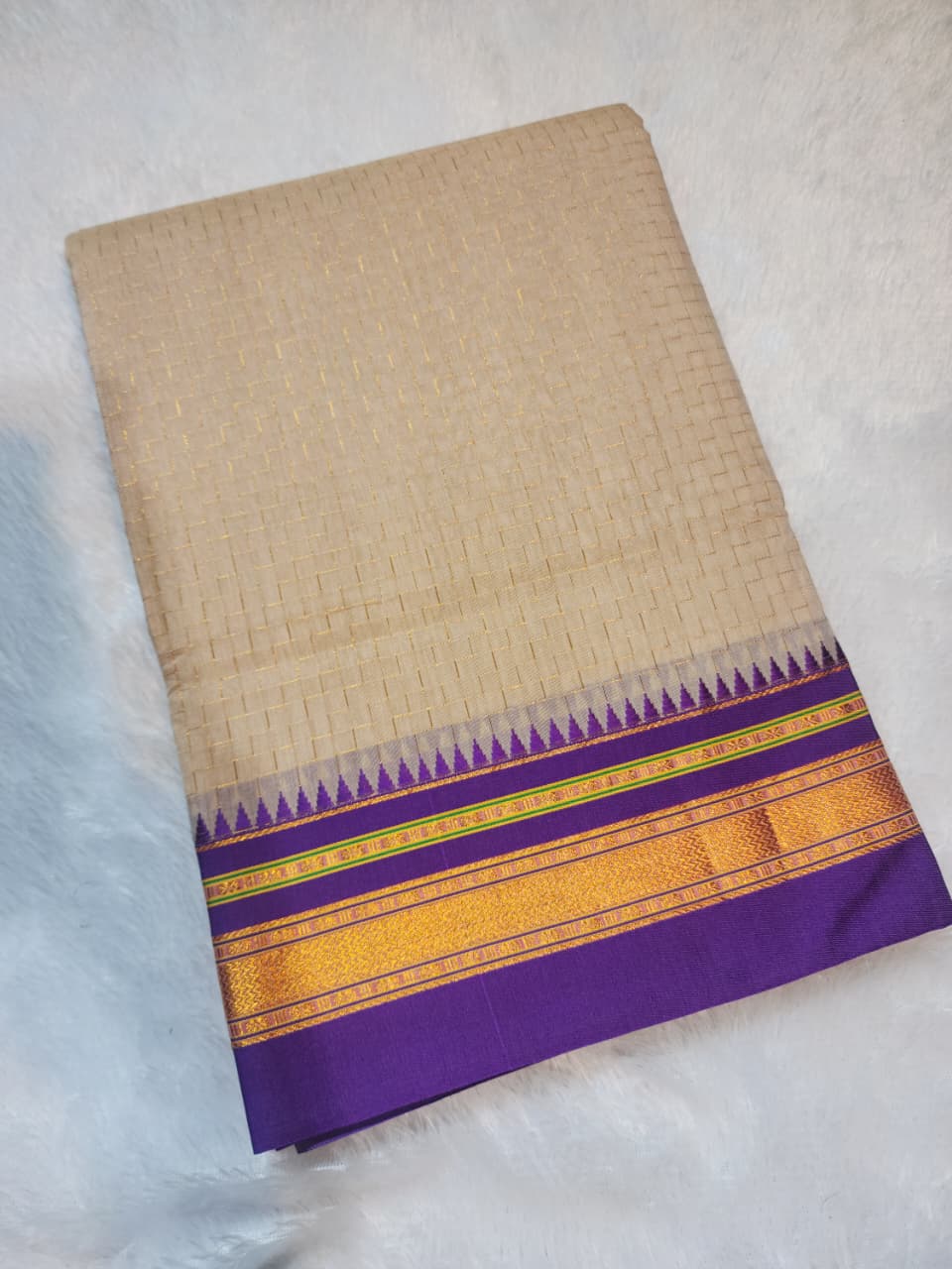 Beige Ilkal Zig-Zag Cotton Saree with Contrast Zari Border & Pallu