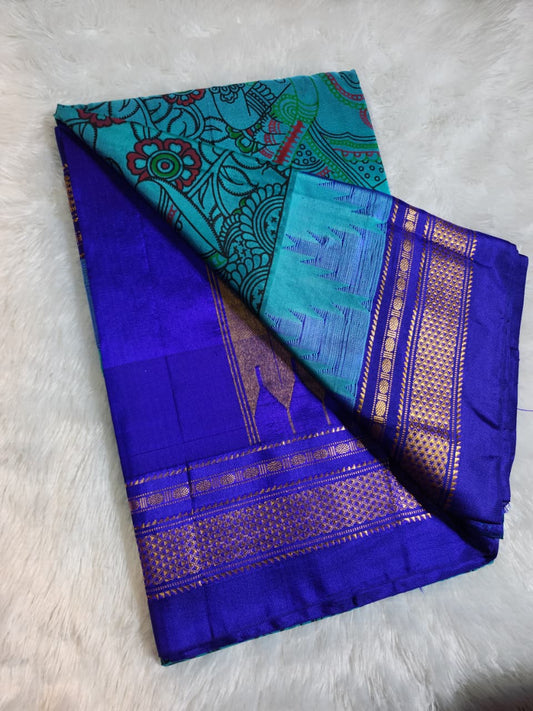 Blue Ilkal–Kalamkari floral print Fusion Saree
