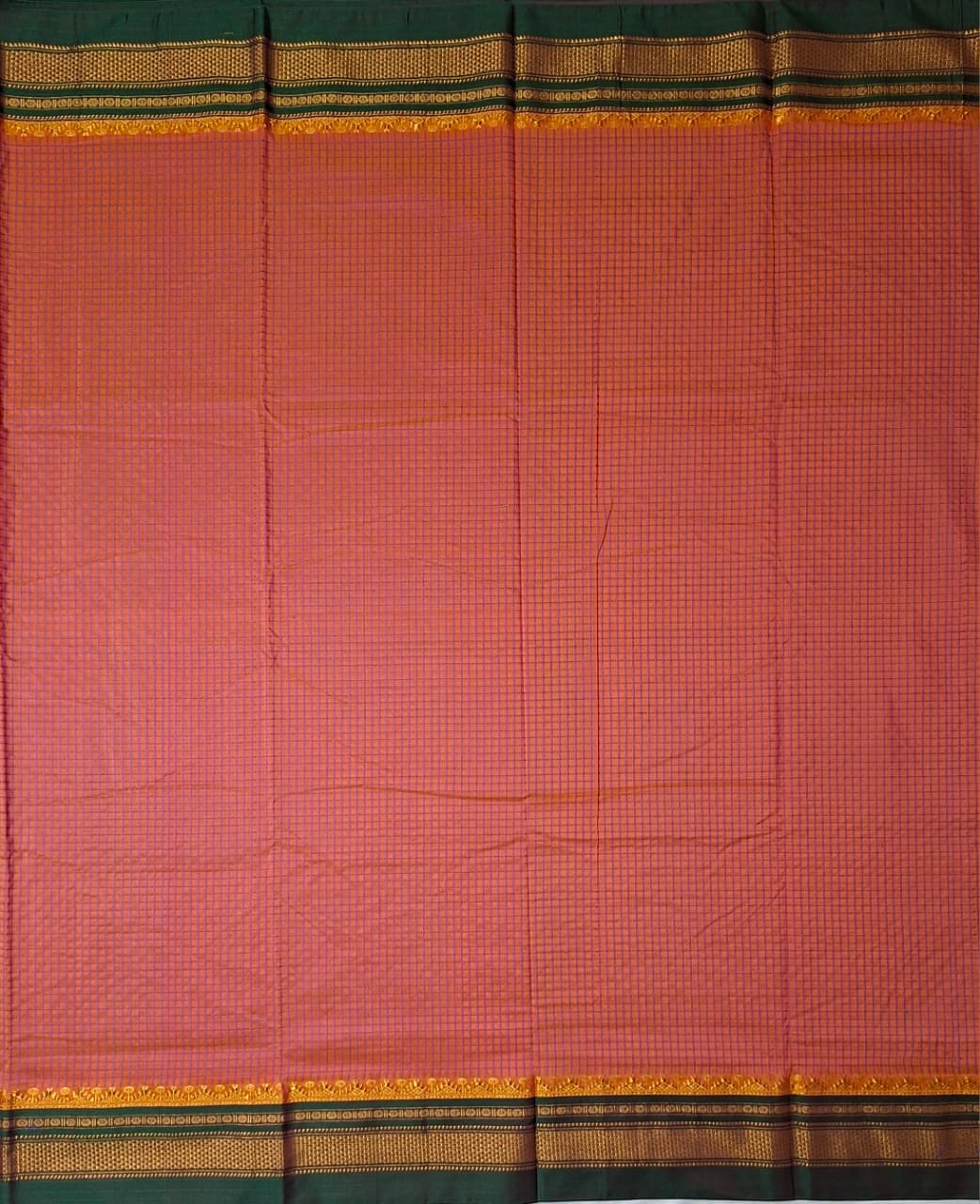 Coral Orange thread chaduranga Ilkal with Gadwal  Deep Bottle Green Border