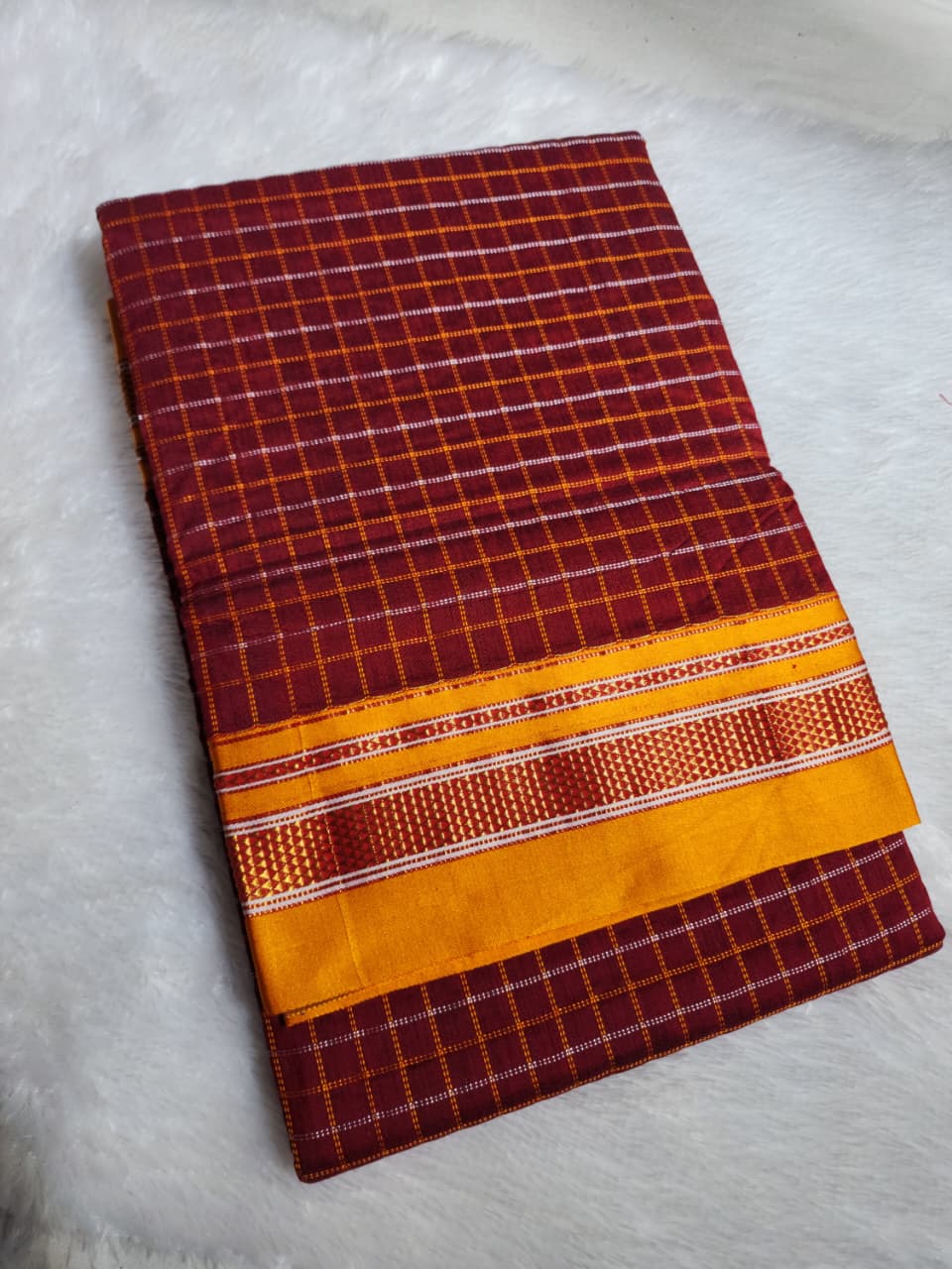 Maroon Double Checks Ilkal Cotton Saree with Mustard Zari Border
