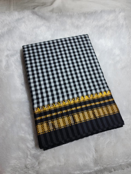 Black and White Ilkal mini Checks Saree with ilkal pallu