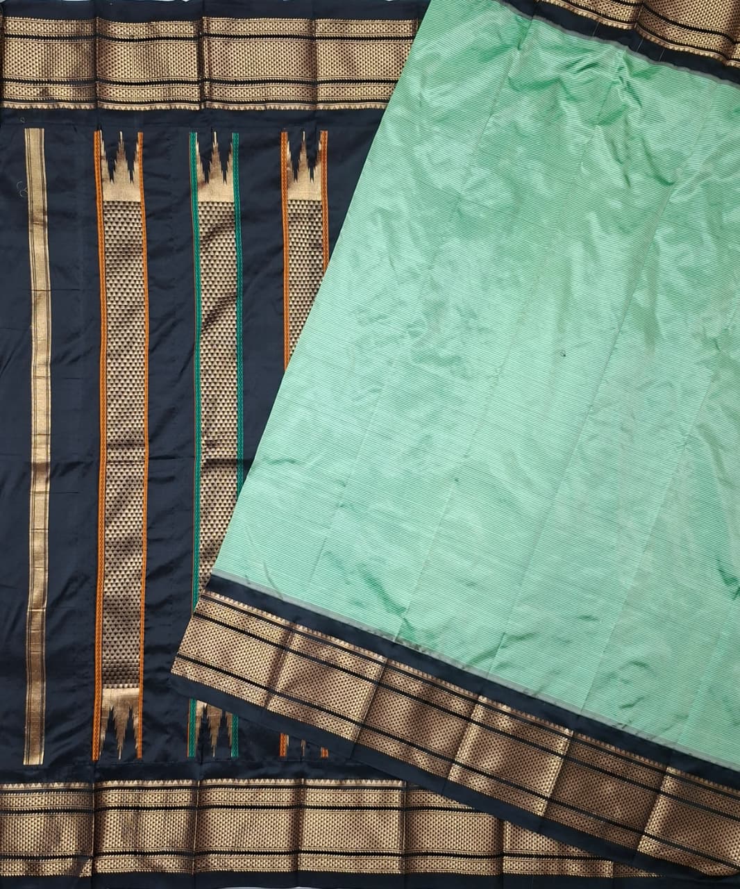 Sage/MInt green & black Ilkal saree with floral weavings
