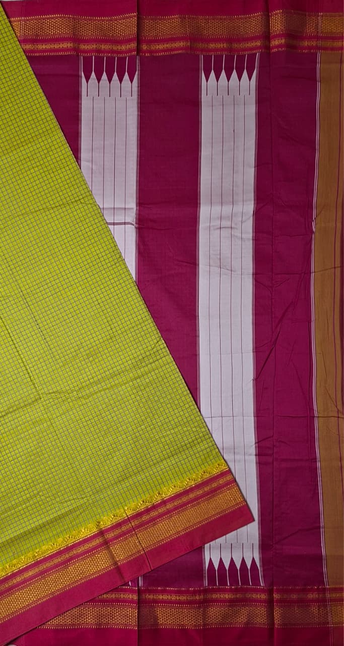 Mustard Yellow thread chaduranga Ilkal with Gadwal  Rani Pink Border