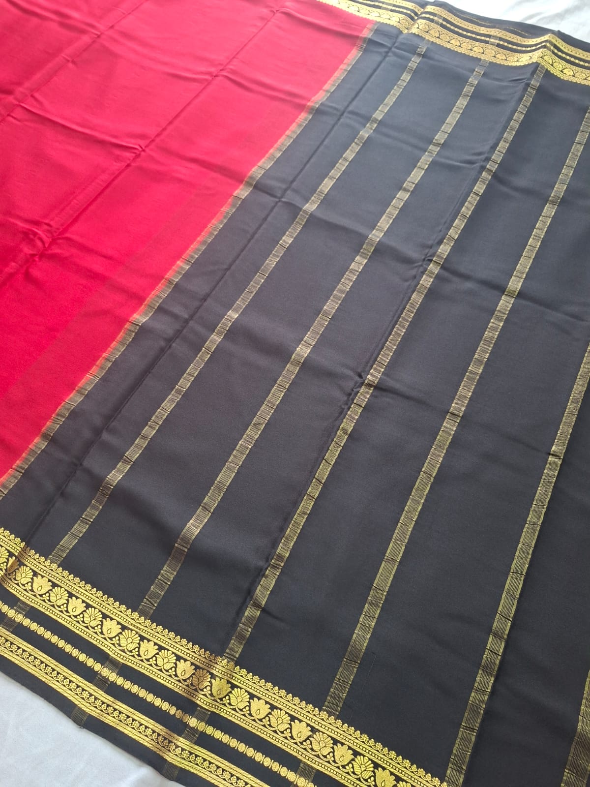 Red Black Mysore Crepe Silk with black flower border