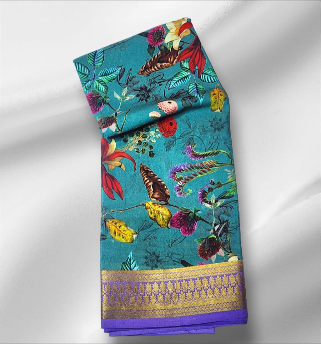 Teal Floral Print Mysore Silk Saree