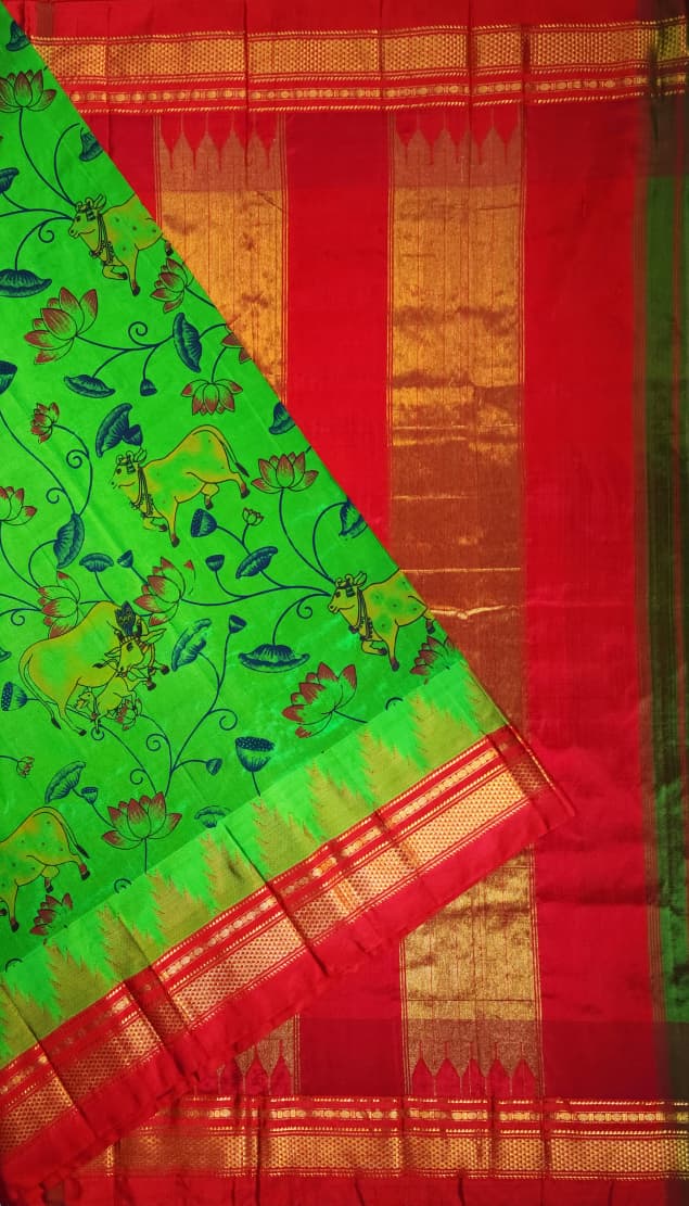 Parrot Green Ilkal–Kalamkari Floral print Fusion Saree
