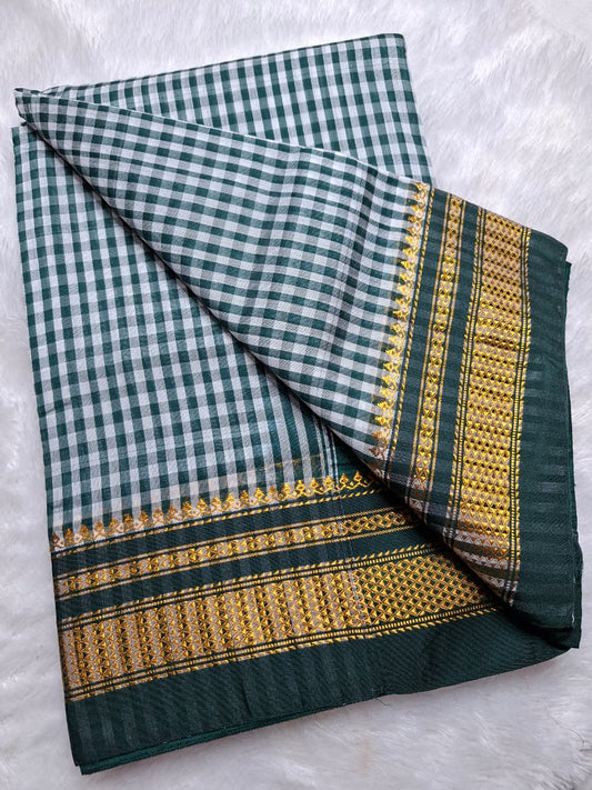 Bottle Green & White Ilkal Mini Checks Saree