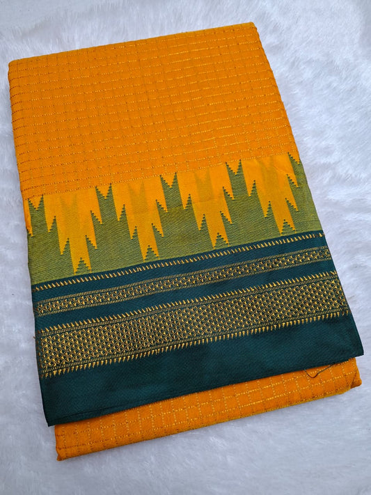 Mustard Yellow Gadwal Chaduranga Ilkal Cotton Saree with Contrast Zari Border & Pallu