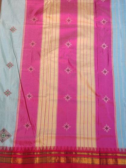 Sky Blue flower Ilkal Kasuti Cotton Saree