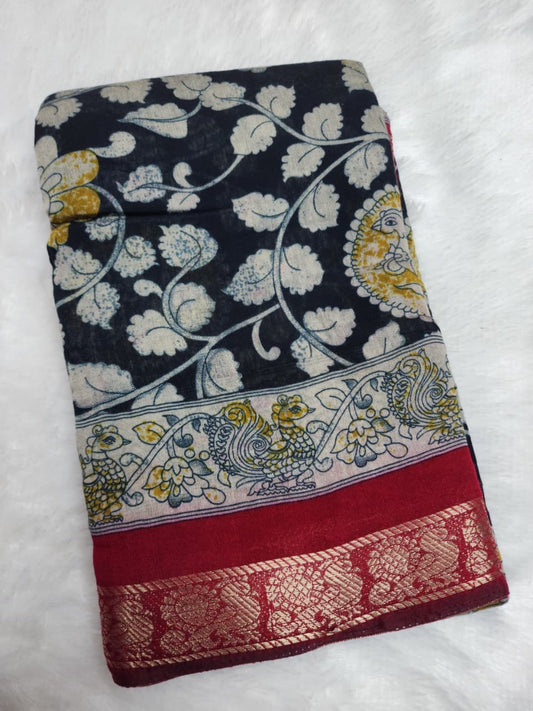 Midnight Blue & Ivory Kalamkari Cotton Saree with Red Zari Border