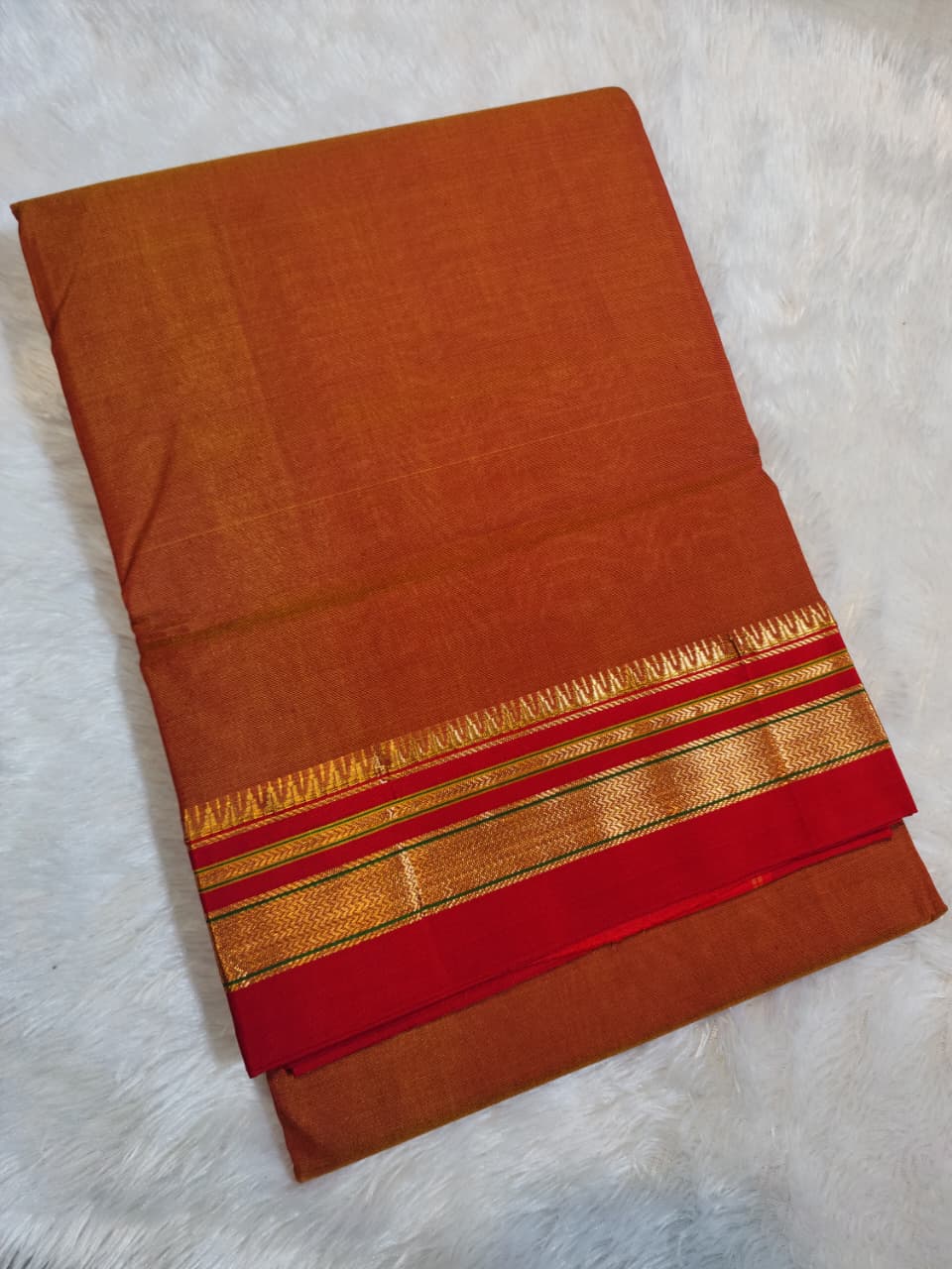 Rust Brown Ilkal Plain Cotton Saree with Thode Paras Border & Silk Pallu