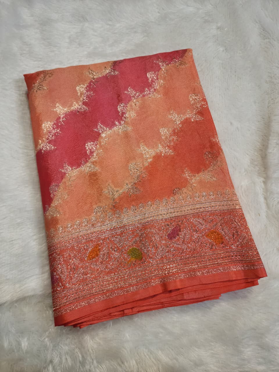 Peach Coral Banarasi Silk Saree with Silver Floral Vine Zari Weaves