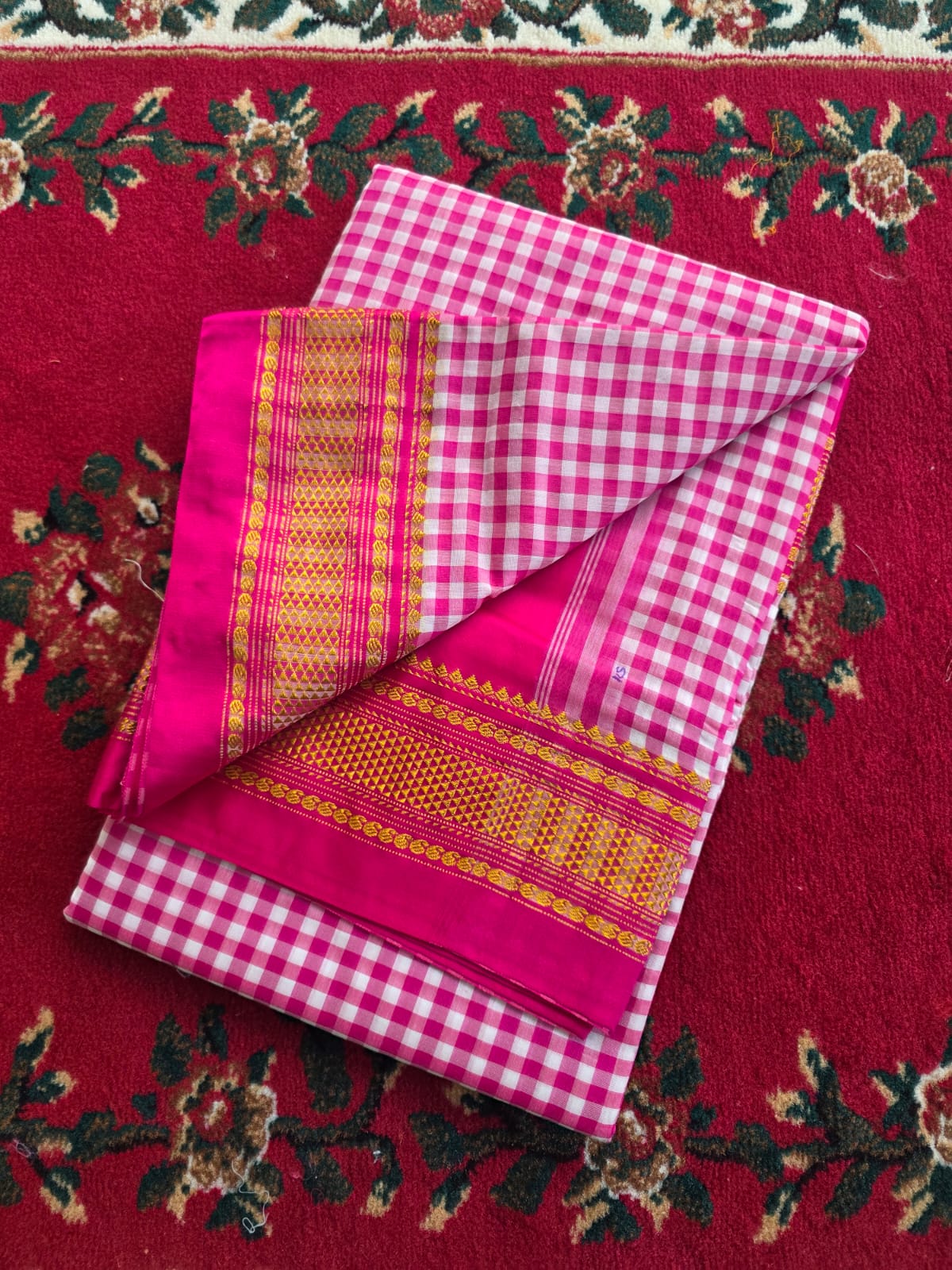 Classic pink & White Ilkal Mini Checks Saree