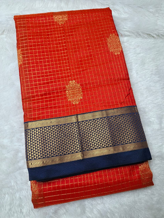 Orange -Navyblue Ilkal Gadwal Pure Silk Saree-Malbar edition with Butta