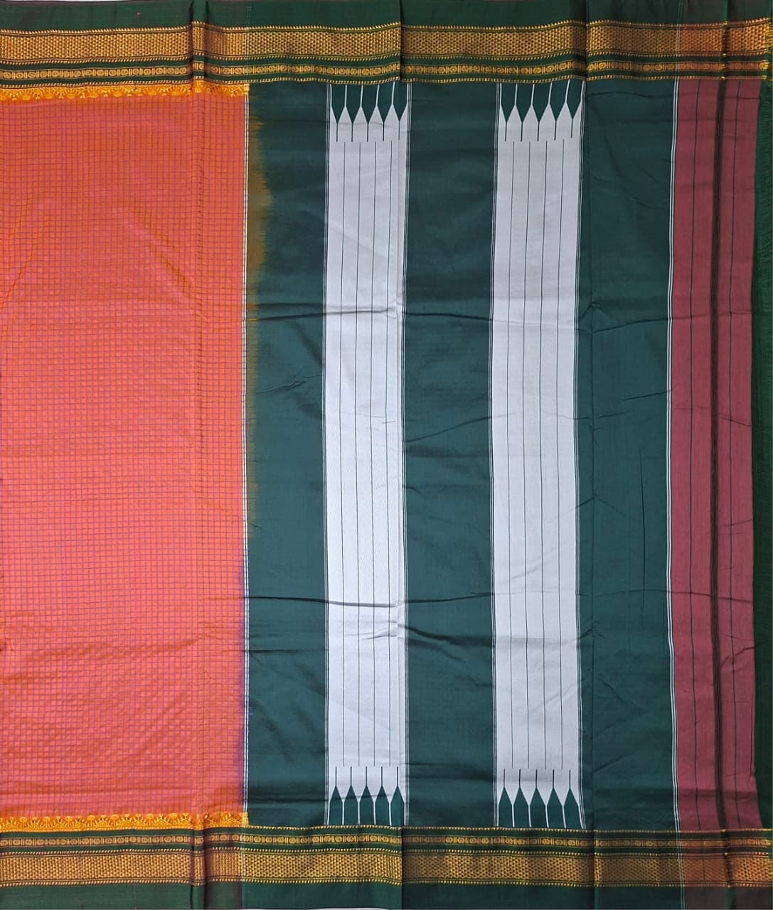Coral Orange thread chaduranga Ilkal with Gadwal  Deep Bottle Green Border